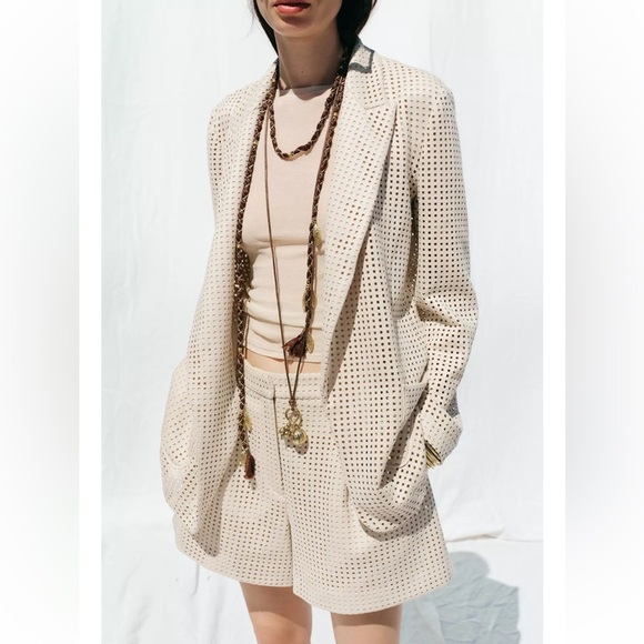 NWT ZARA FAUX SUEDE CUT OUT BLAZER AND SHORTS SET - Picture 2 of 8